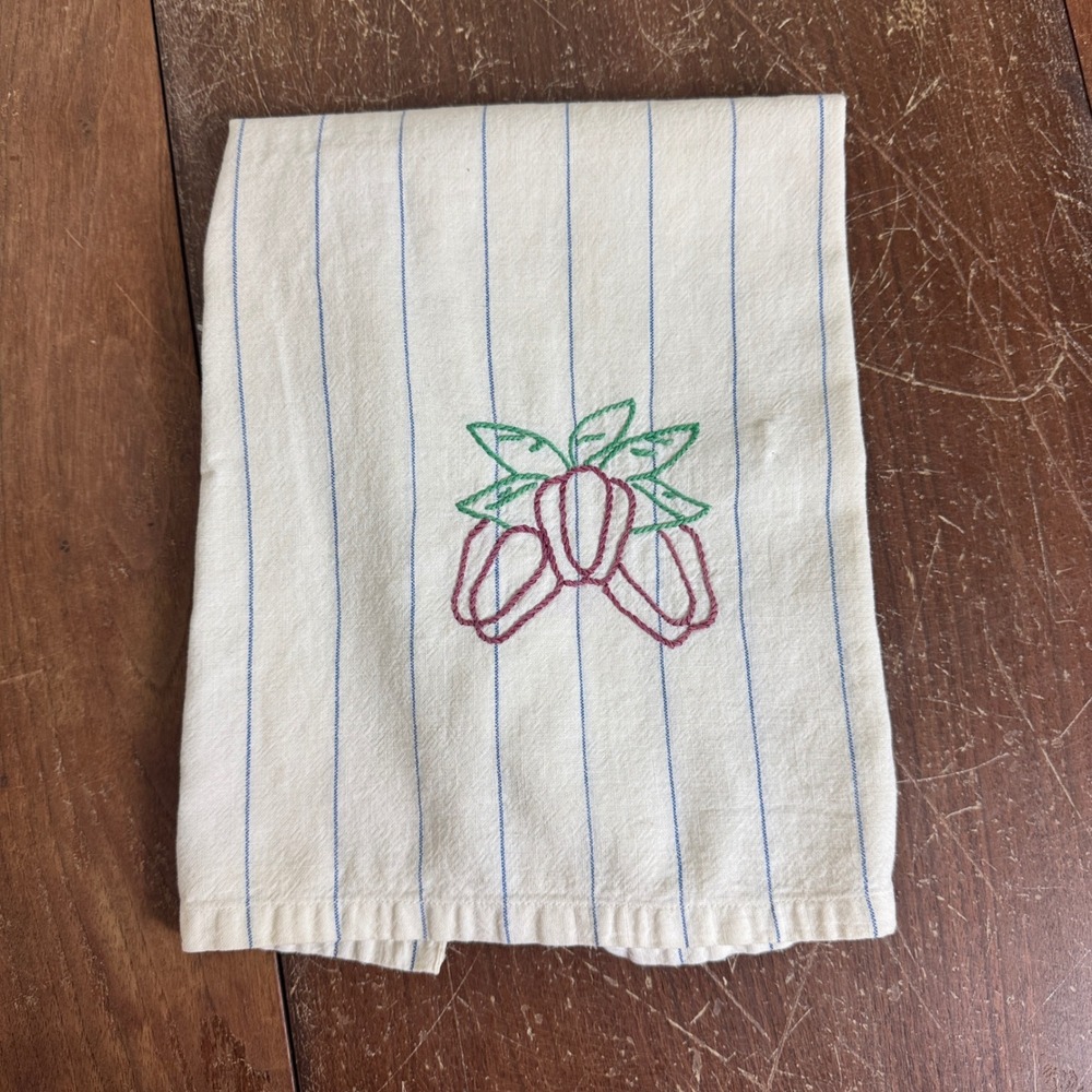 Vintage‎ Blue Stripe Cotton Table Runner Kitchen Hand Towel Embroidered Peppers